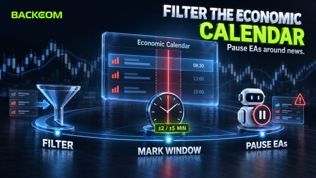 Filter the economic calendar by instrument, mark the ±2 or ±5-minute window and pause EAs around high-impact news