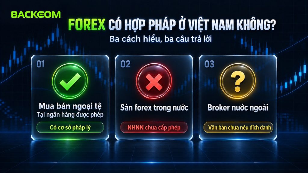 Forex có hợp pháp ở Việt Nam không: mua bán ngoại tệ tại ngân hàng được phép có cơ sở pháp lý, sàn forex trong nước chưa được NHNN cấp phép, broker nước ngoài chưa được văn bản nêu đích danh