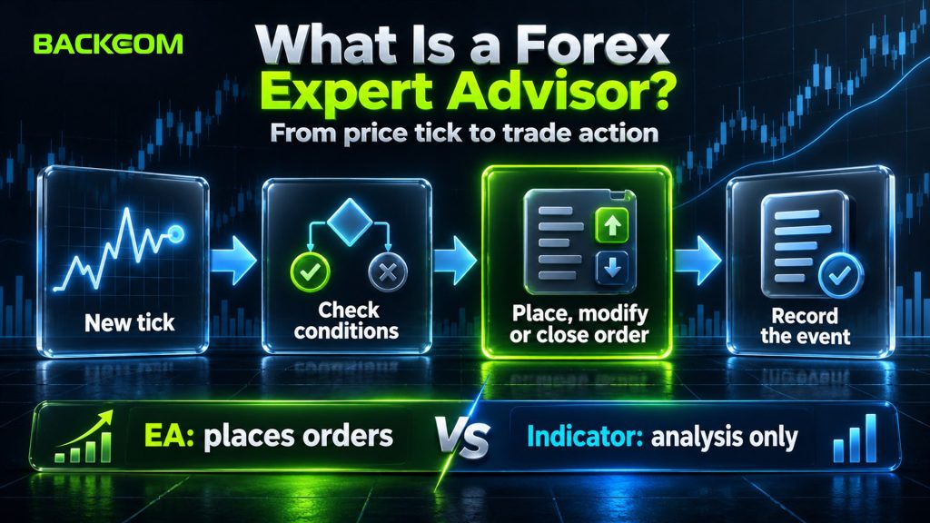 What is a forex expert advisor: the EA receives a new tick, checks its conditions, places, modifies or closes an order and records the event, unlike an indicator