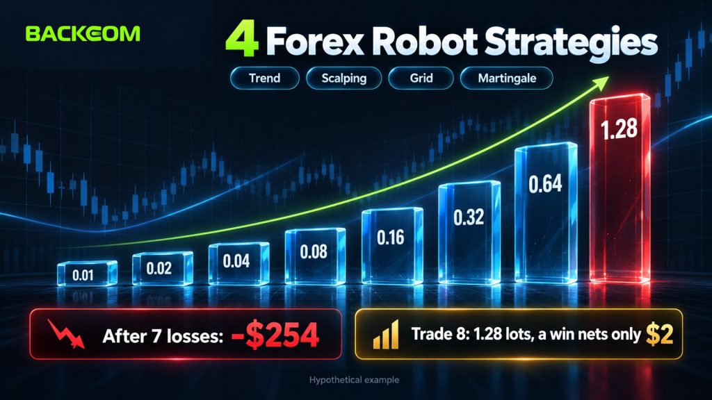 Forex trading robot using martingale doubles lots from 0.01 to 1.28: after 7 losses the account is down $254 and a winning eighth trade nets only $2