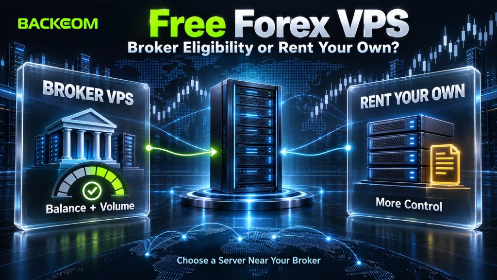 Free forex VPS from brokers needs balance and volume conditions, renting your own gives more control, and the server should sit near the broker server