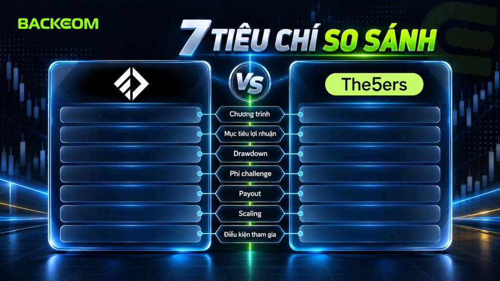 So sánh FTMO và The5ers theo 7 tiêu chí: chương trình, mục tiêu lợi nhuận, drawdown, phí challenge, payout, scaling và điều kiện tham gia