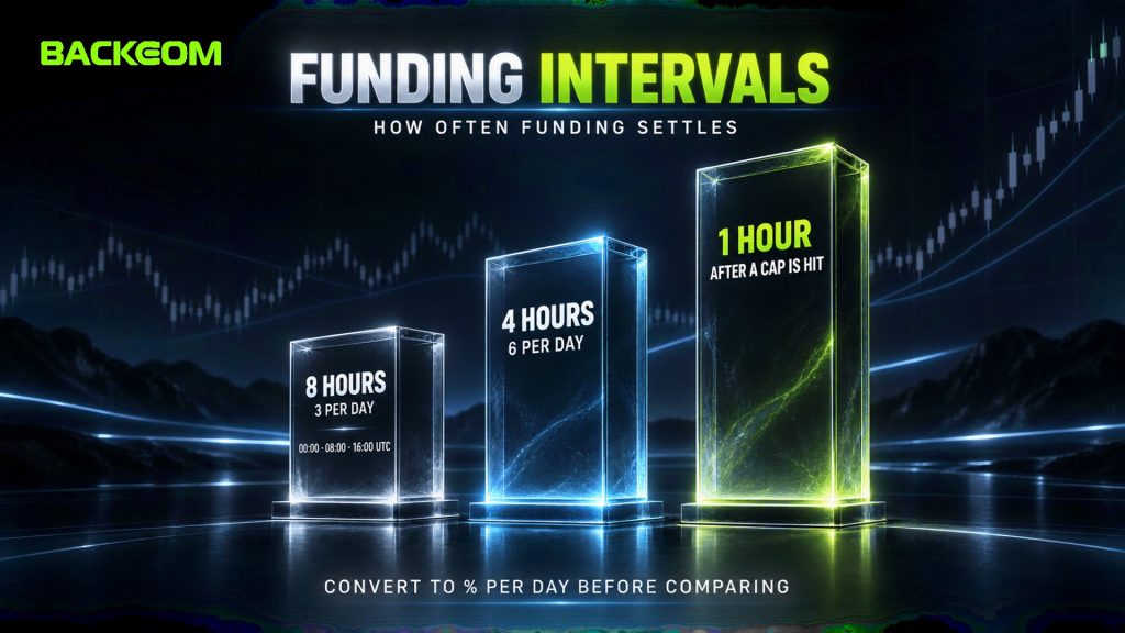 Funding intervals: 8-hour contracts settle 3 times a day at 00:00, 08:00 and 16:00 UTC, 4-hour contracts 6 times, and 1-hour settlement after a cap is hit