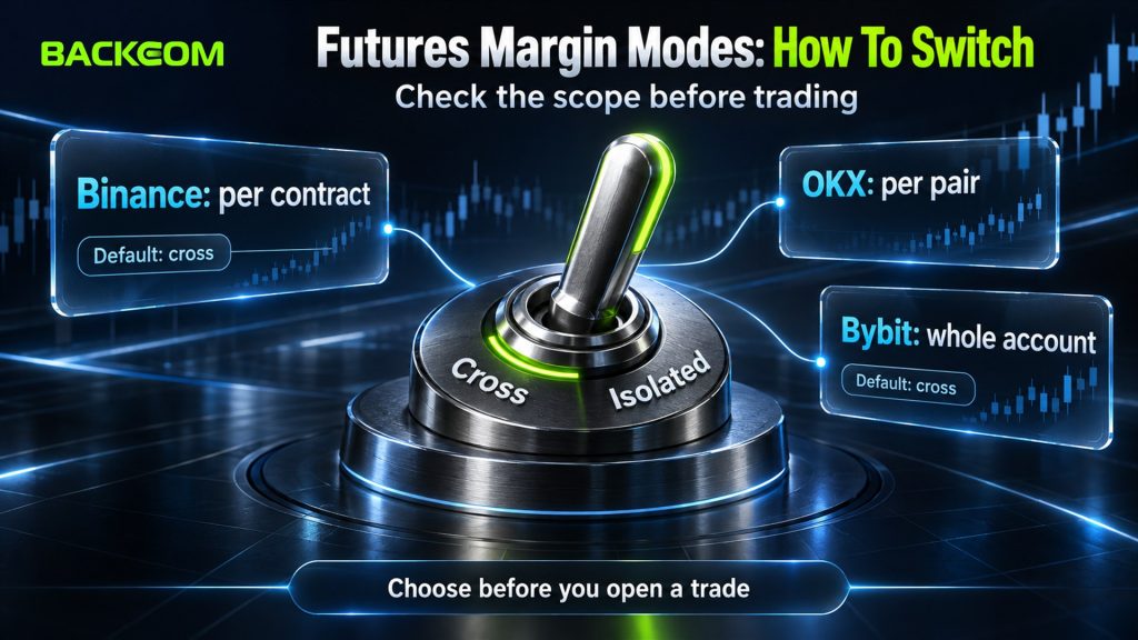 Futures margin modes: Binance sets cross or isolated per contract, OKX per pair and Bybit for the whole account, with cross as the default on Binance and Bybit