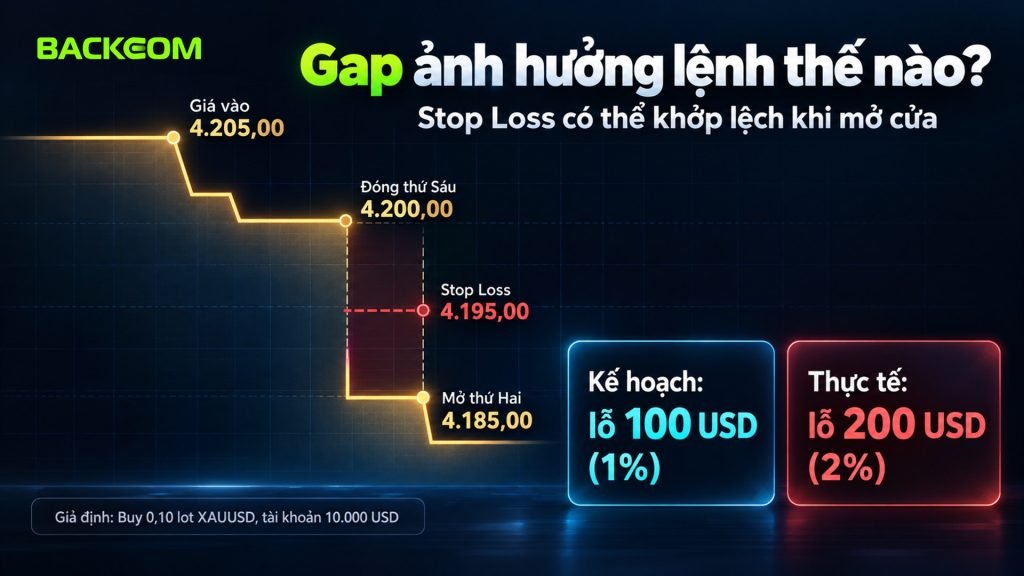 Gap giá làm Stop Loss 4.195,00 khớp ở 4.185,00: lệnh Buy 0,10 lot XAUUSD lỗ 200 USD thay vì 100 USD dự tính