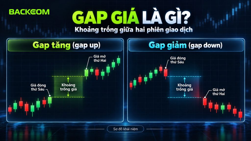 Gap giá là gì: gap tăng khi giá mở thứ Hai cao hơn giá đóng thứ Sáu, gap giảm khi giá mở thấp hơn, để lại khoảng trống giá