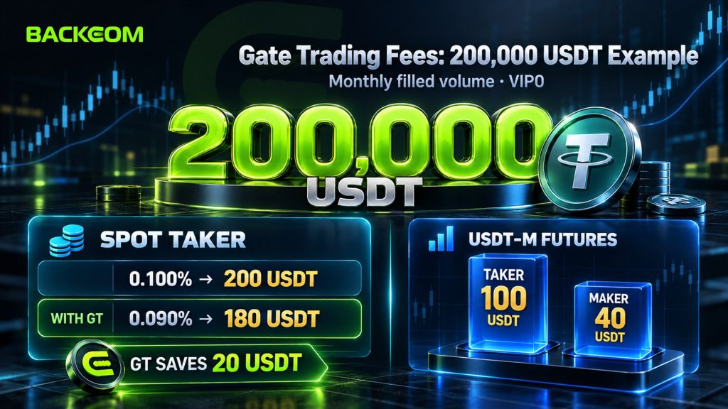 Gate trading fees on 200,000 USDT of monthly filled volume: spot taker 200 USDT, 180 with GT, futures taker 100 and maker 40 USDT