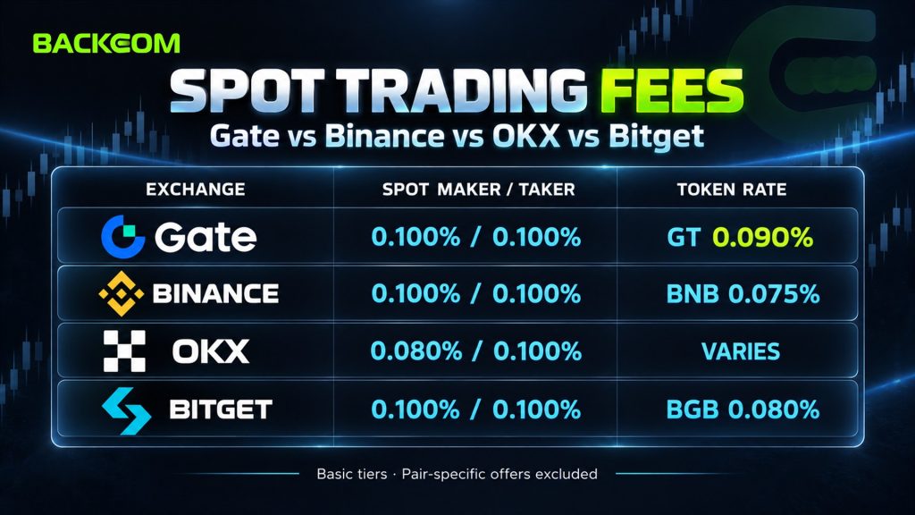Gate spot trading fees compared with Binance, OKX and Bitget: 0.100% at basic tiers, OKX maker 0.080%, token rates GT 0.090%, BNB 0.075%, BGB 0.080%