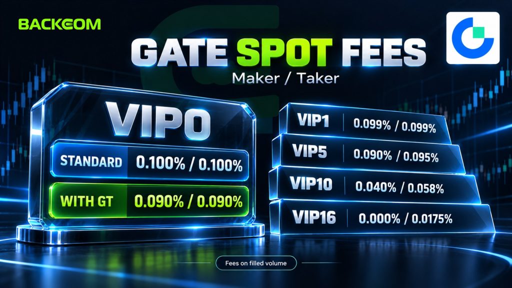 Gate trading fees for spot by VIP tier: VIP0 0.100% maker and taker, 0.090% when paying with GT, down to 0.000%/0.0175% at VIP16