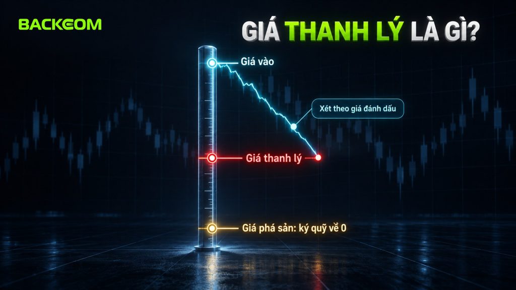 Giá thanh lý là gì: với lệnh long, giá đánh dấu giảm từ giá vào chạm giá thanh lý trước khi tới giá phá sản, nơi ký quỹ về 0