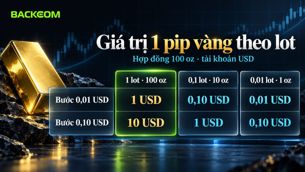 Cách tính pip vàng theo lot: bước 0,01 USD đáng 1 USD với 1 lot, 0,10 USD với 0,1 lot và 0,01 USD với 0,01 lot, hợp đồng 100 oz