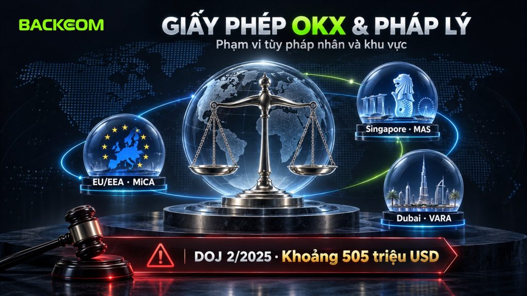 Giấy phép OKX theo khu vực: MiCA tại EU, MAS Singapore, VARA Dubai và án DOJ tháng 2/2025 khoảng 505 triệu USD