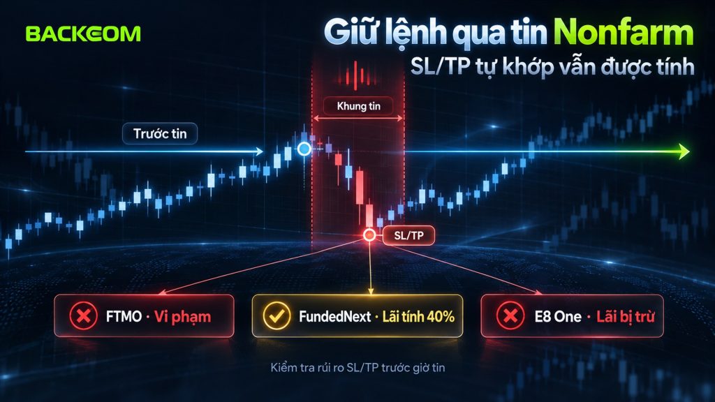 Giữ lệnh qua tin Nonfarm: SL/TP tự khớp trong khung tin vẫn bị tính — FTMO funded Standard là breach, FundedNext tính 40% lãi, E8 One trừ lãi