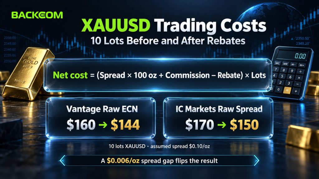 Gold spread and XAUUSD trading costs for 10 lots: Vantage Raw ECN USD 160 to 144, IC Markets Raw Spread USD 170 to 150 after rebates at an assumed 0.10 USD/oz spread