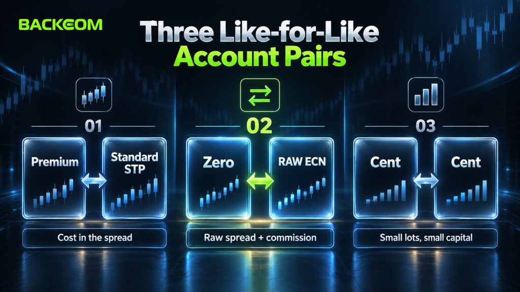 HFM and Vantage account types in three like-for-like pairs: Premium with Standard STP, Zero with RAW ECN, Cent with Cent
