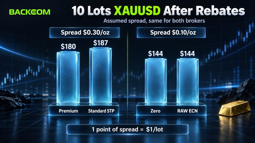 HFM and Vantage gold spreads: cost of 10 XAUUSD lots after rebates at an assumed spread, Premium USD 180 and Standard STP USD 187, Zero and RAW ECN both USD 144