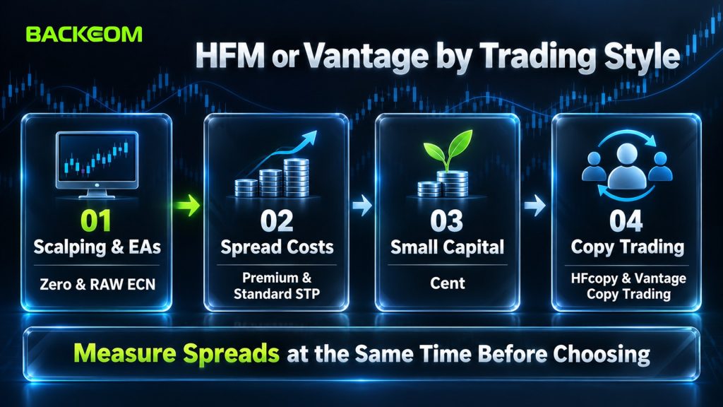 HFM vs Vantage by trading style: Zero and RAW ECN for scalping, Premium and Standard STP for spread-only pricing, Cent for small capital, copy trading