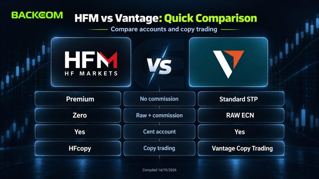 HFM vs Vantage: Premium and Standard STP without commission, Zero and RAW ECN with commission, Cent accounts at both, HFcopy and Vantage Copy Trading