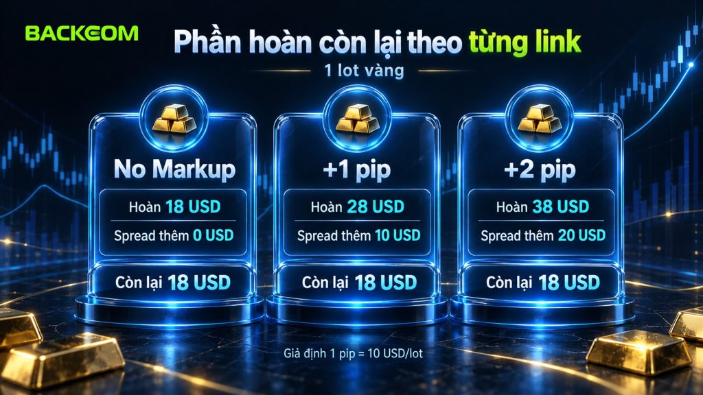 Hoàn phí EC Markets theo link No Markup, +1 pip, +2 pip: hoàn 18, 28, 38 USD, spread thêm 0, 10, 20 USD, còn lại 18 USD mỗi lot vàng