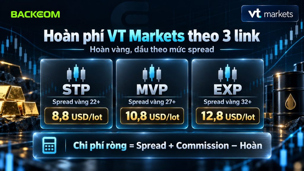 VT Markets có uy tín không và mức hoàn phí theo 3 link: STP 8,8 USD/lot, MVP 10,8 USD/lot, EXP 12,8 USD/lot với ngưỡng spread vàng 22+, 27+, 32+