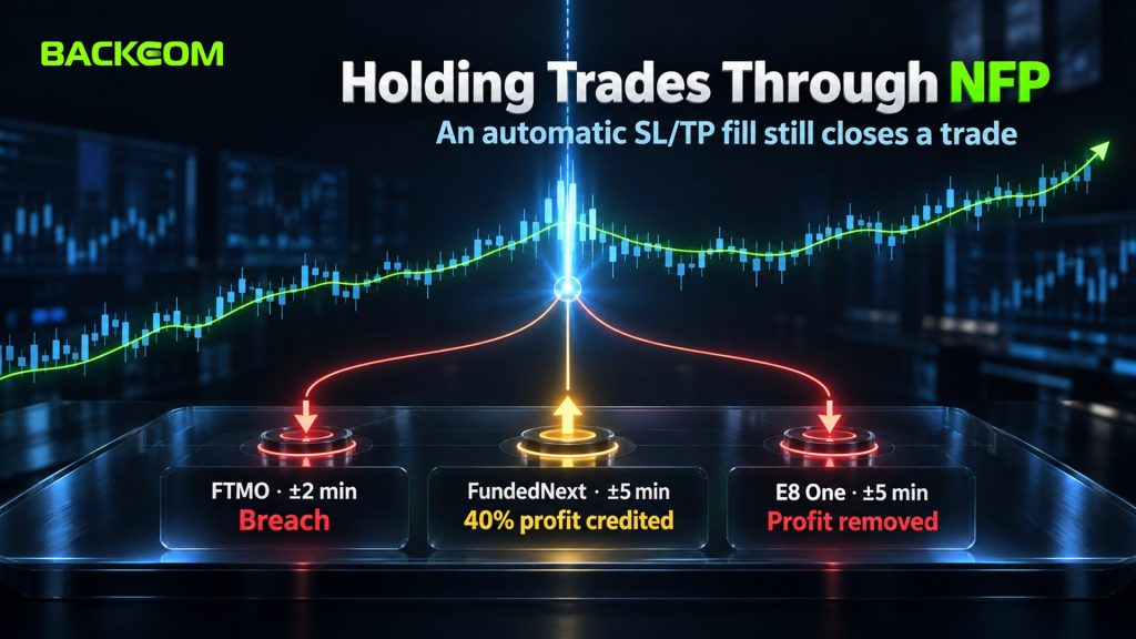 Holding trades through NFP: an automatic SL/TP fill in the window is a breach at FTMO, credits 40% of profit at FundedNext and removes profit at E8 One