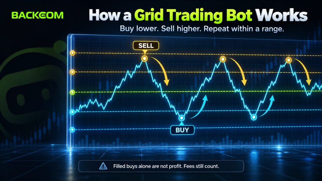 How a grid trading bot works: it buys at lower grid levels, sells at higher ones and repeats within a range, while fees still count