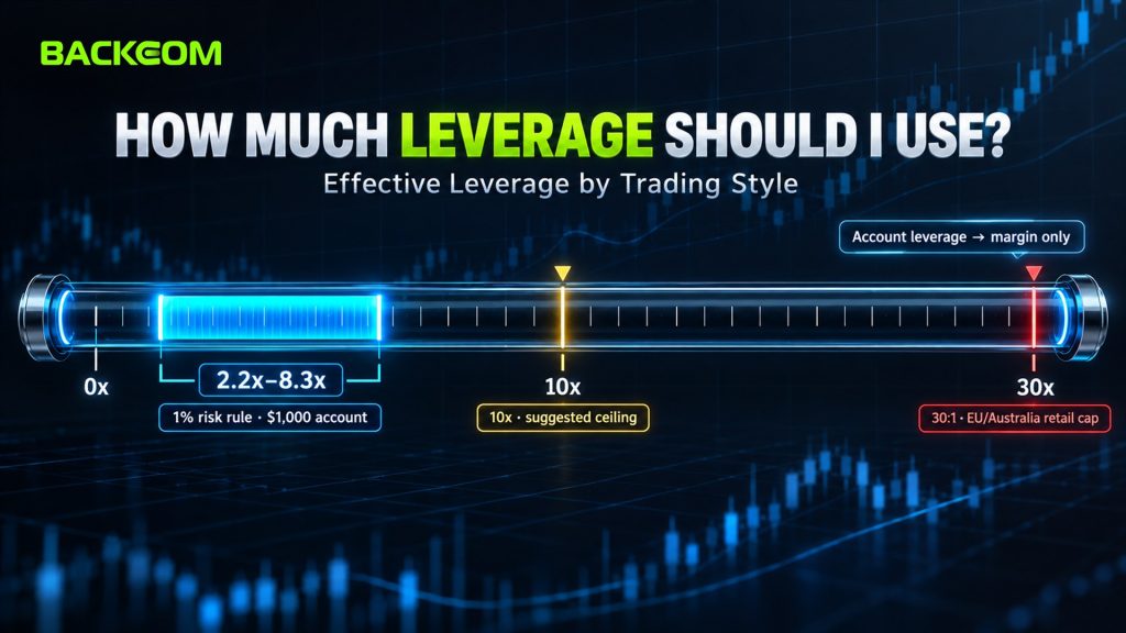 How much leverage should I use: effective leverage of 2.2–8.3 times under the 1% risk rule on a $1,000 account, a 10x suggested ceiling and the 30:1 EU and Australian retail cap