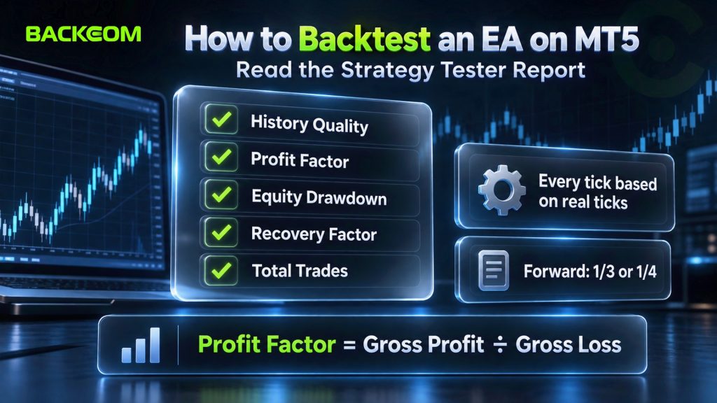 How to backtest an EA on MT5: Strategy Tester report metrics including History Quality, Profit Factor, Equity Drawdown, Recovery Factor and Total Trades
