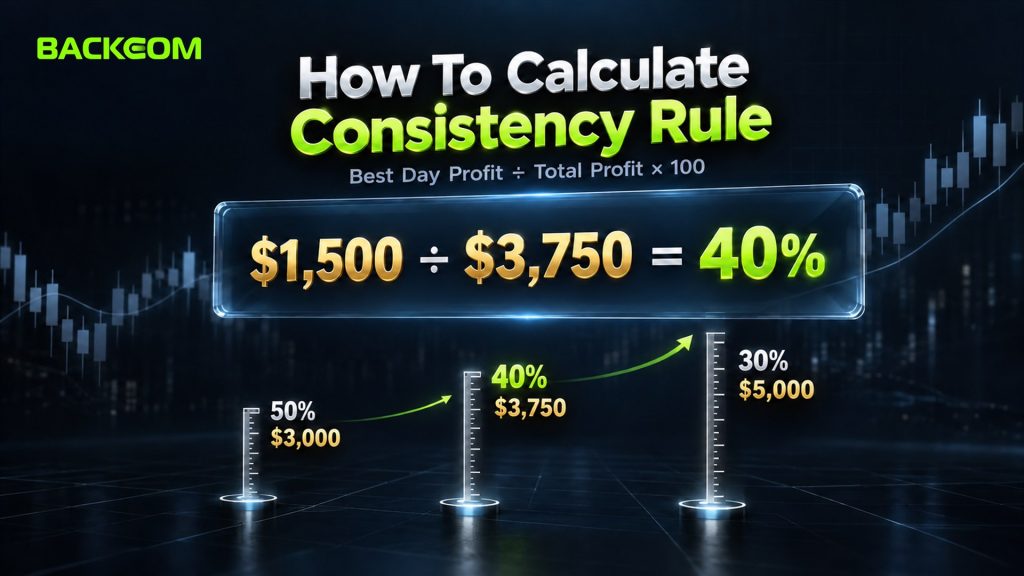 How to calculate consistency rule: a $1,500 best day divided by $3,750 total profit equals 40%; minimum totals are $3,000 at 50%, $3,750 at 40% and $5,000 at 30%
