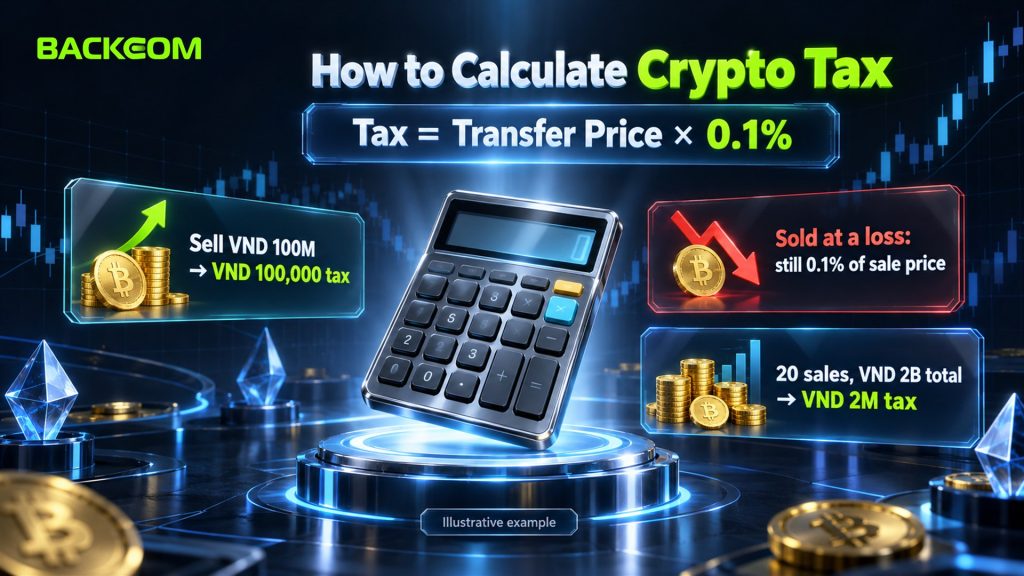 How to calculate crypto tax in Vietnam: tax equals transfer price times 0.1%, so a VND 100 million sale owes VND 100,000 even at a loss and 20 sales totalling VND 2 billion owe VND 2 million