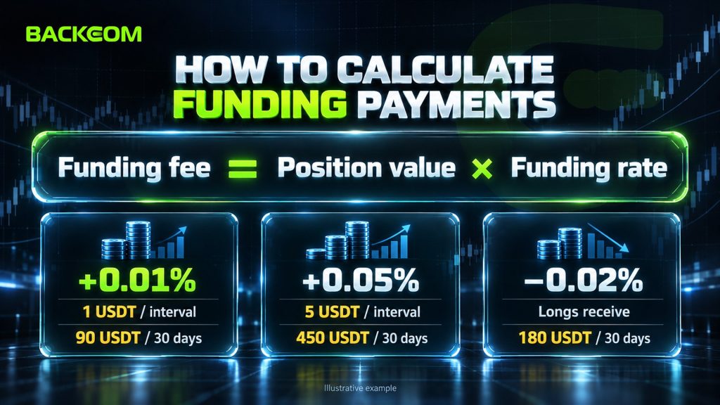 How to calculate funding rate payments: funding fee equals position value times funding rate; 10,000 USDT at 0.01% pays 1 USDT per interval and 90 USDT over 30 days