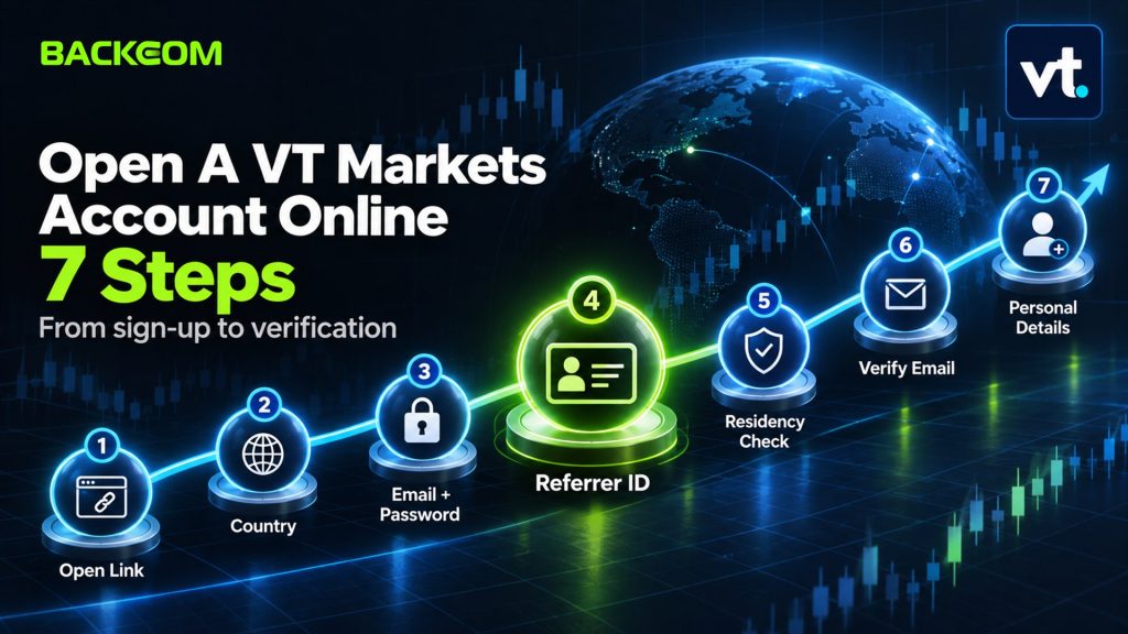 How to open a VT Markets account on the web in 7 steps: open link, country, email and password, Referrer ID, residency check, verify email, personal details