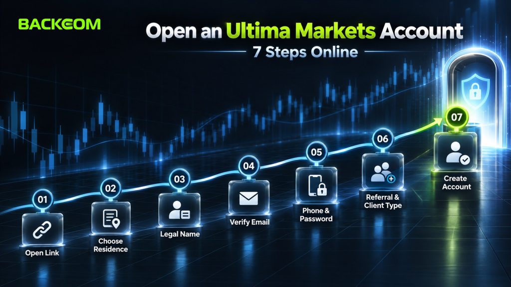 How to open an Ultima Markets account online in 7 steps: open the link, choose residence, legal name, verify email, phone and password, referral and client type, create account