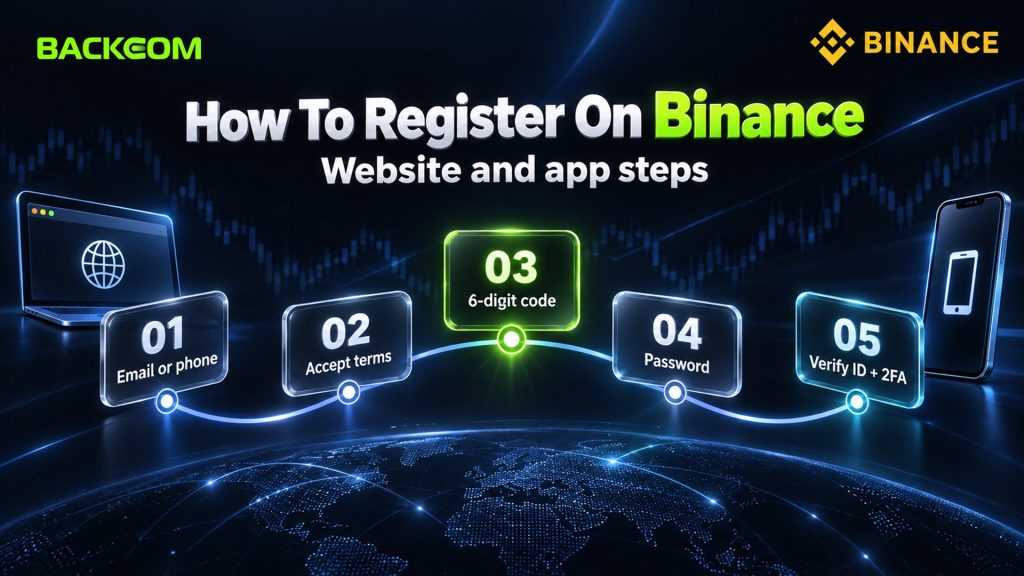How to register on Binance in 5 steps: email or phone, accept terms, 6-digit code, password, then identity verification and 2FA