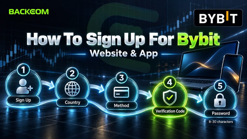 How to sign up for Bybit: Sign Up, country of residence, email, phone, Google, Apple or Telegram, verification code, then an 8–30 character password