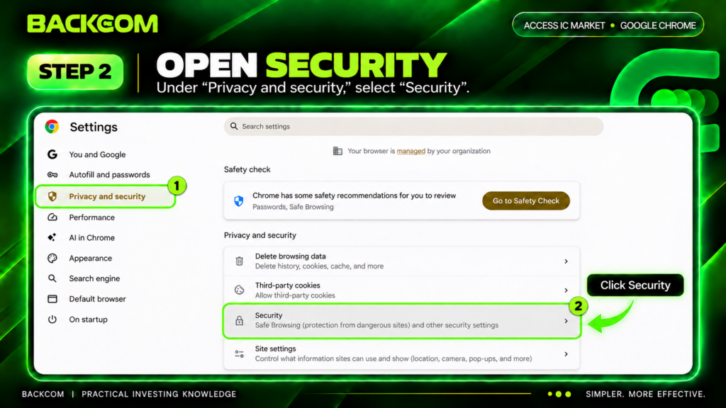 Change Chrome DNS step 2: choose Privacy and security, then click Security