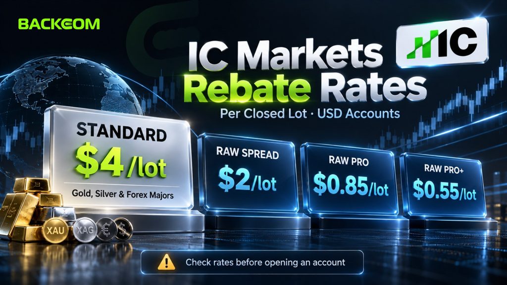 IC Markets rebates per closed lot on USD accounts: Standard $4 for gold, silver and forex majors, Raw Spread $2, Raw Pro $0.85, Raw Pro+ $0.55