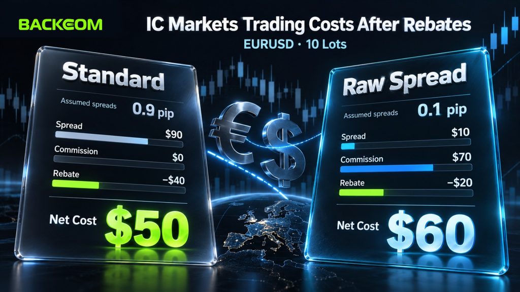IC Markets trading costs after rebates on 10 lots of EURUSD with assumed spreads: Standard 0.9 pip nets $50, Raw Spread 0.1 pip nets $60