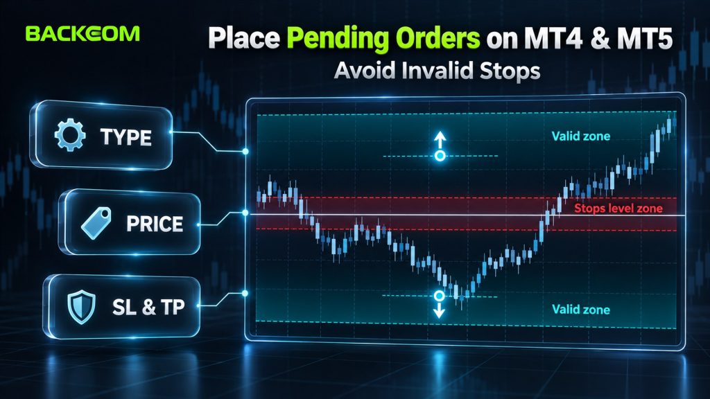 Forex order types and the Invalid Stops error: no pending order can be placed inside the stops level zone around the current price, hypothetical 50 points equal $0.50