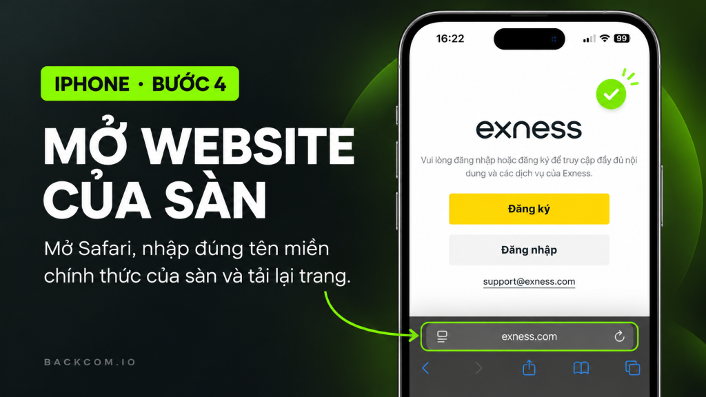 iPhone bước 4: mở Safari, nhập đúng tên miền chính thức của sàn rồi tải lại trang