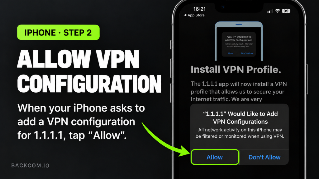 iPhone step 2: tap Allow when iOS asks permission to add a VPN configuration for 1.1.1.1