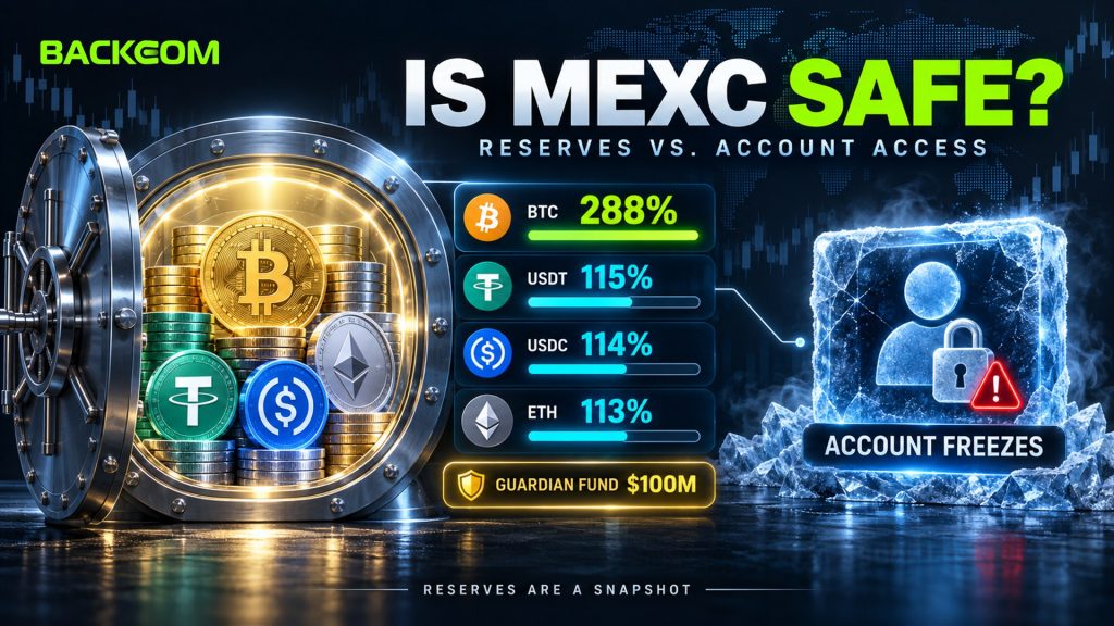 Is MEXC safe: proof of reserves shows BTC 288%, USDT 115%, USDC 114% and ETH 113% plus a 100 million dollar Guardian Fund, against account freeze reports