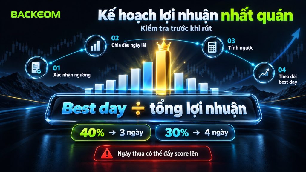 Bốn bước lập kế hoạch lợi nhuận theo quy tắc nhất quán: xác nhận ngưỡng, chia đều ngày lãi, tính ngược trước khi rút và theo dõi best day