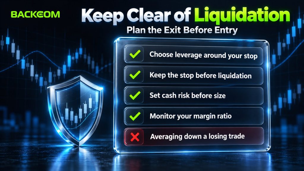 Keeping clear of liquidation price: choose leverage around your stop, keep the stop before liquidation, set cash risk before size and monitor maintenance margin
