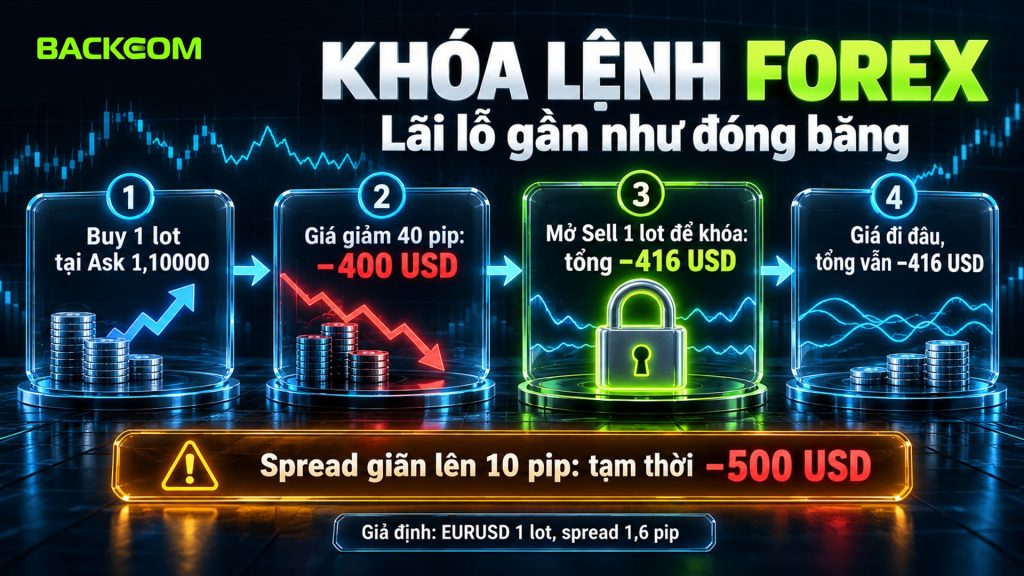 Khóa lệnh trong forex: Buy 1 lot EURUSD lỗ 400 USD, mở Sell 1 lot để khóa, tổng giữ ở −416 USD và thành −500 USD khi spread giãn