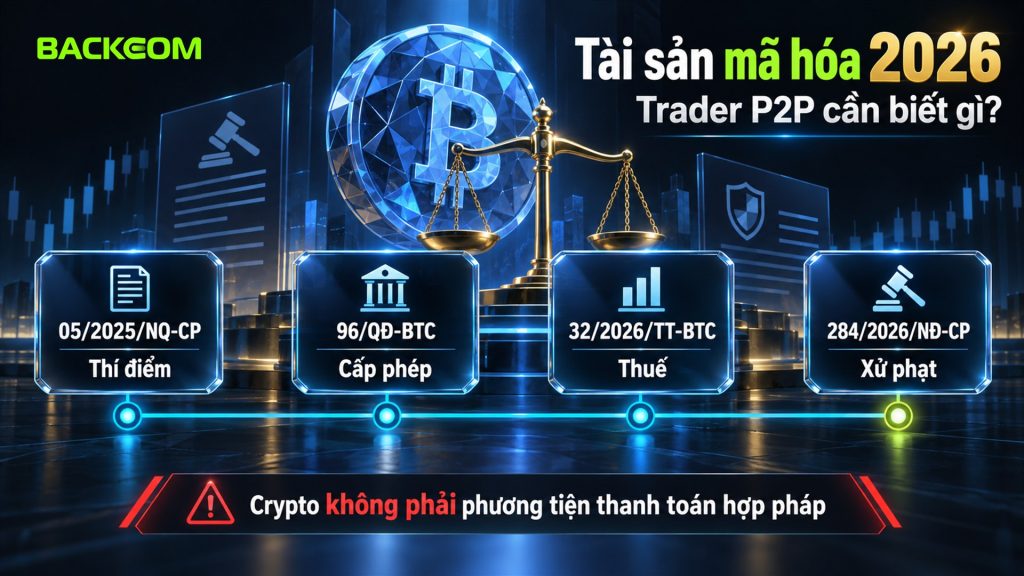 Khung pháp lý tài sản mã hóa 2026 cho trader P2P: Nghị quyết 05/2025 thí điểm, Quyết định 96 cấp phép, Thông tư 32/2026 thuế và Nghị định 284/2026 xử phạt