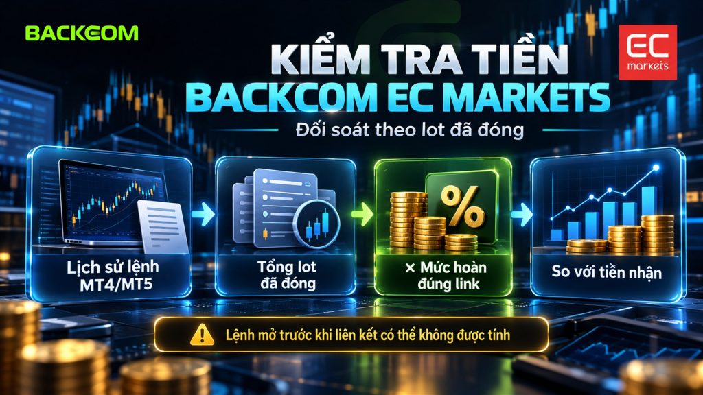 Hoàn phí EC Markets và đối soát: xuất lịch sử lệnh MT4/MT5, cộng lot đã đóng, nhân mức hoàn của đúng link rồi so với tiền nhận