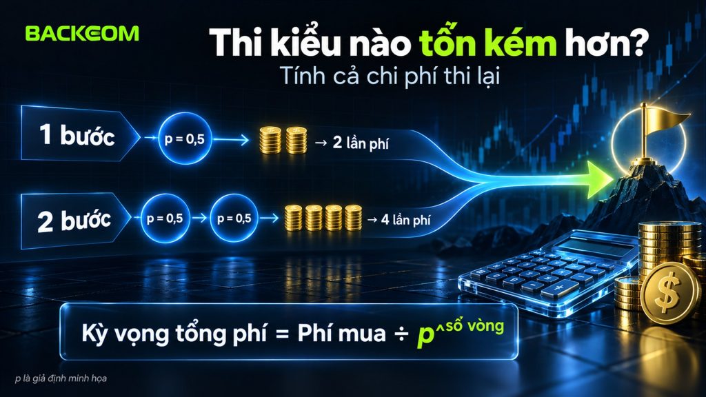 Thi quỹ 1 bước hay 2 bước tốn kém hơn: kỳ vọng tổng phí bằng phí mua chia p mũ số vòng, với p 0,5 gói 1 bước tốn 2 lần phí còn 2 bước 4 lần phí