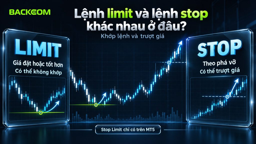 Các loại lệnh trong forex: lệnh limit khớp bằng hoặc tốt hơn giá đặt nhưng có thể không khớp, lệnh stop bảo đảm khớp nhưng có thể trượt giá