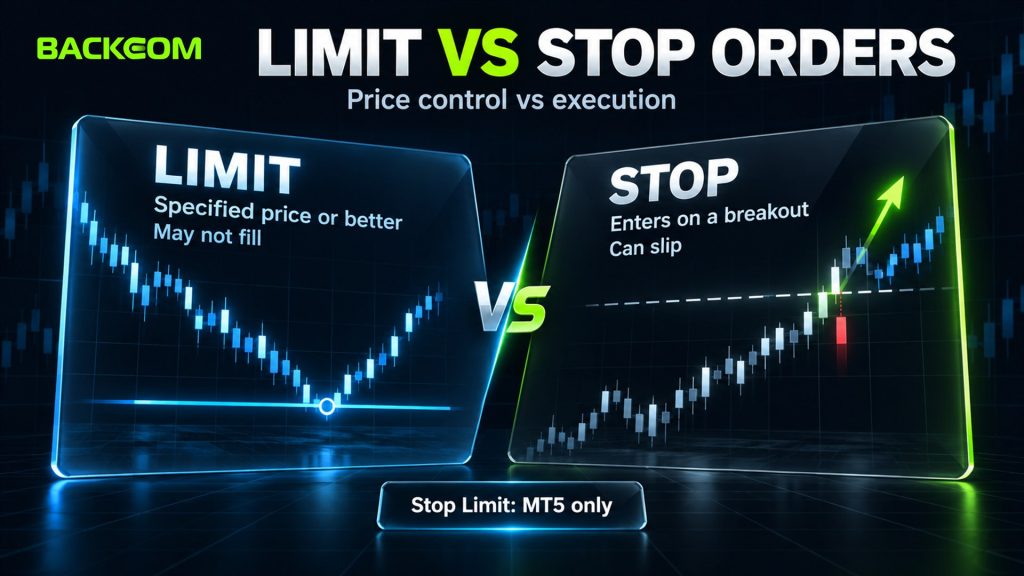 Forex order types compared: a limit order fills at the specified price or better but may not fill, a stop order favours execution but can slip